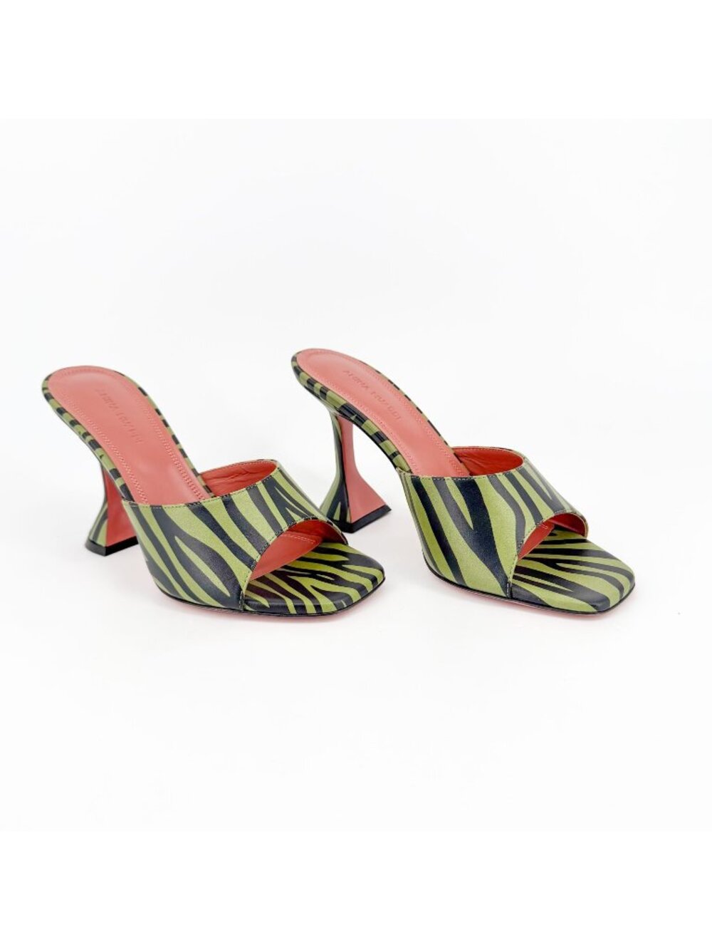 Amina Muaddi Lupita Green Zebra Mule Slide Sandals Heels Size 37.5 US 7.5 Women